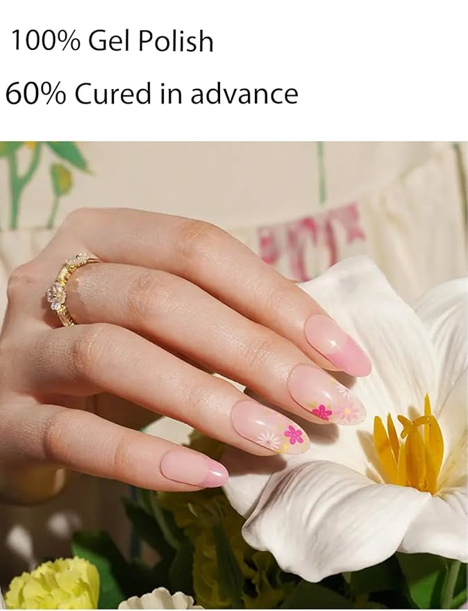 Semi Cured Gel Nail Strips, 20pcs French Flower, Pink Gel Nail Stickers UV for Home Nails DIY