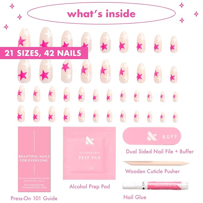 Olive & June Maximalist Instant Mani Press-On Nails (Glue) | 42 Fake Nails, 21 Sizes | Non-Toxic, Long-Lasting Big, Bold Gorgeous Realistic Look | Salon-Quality | Medium, Almond | Neon Star Mixed Pack