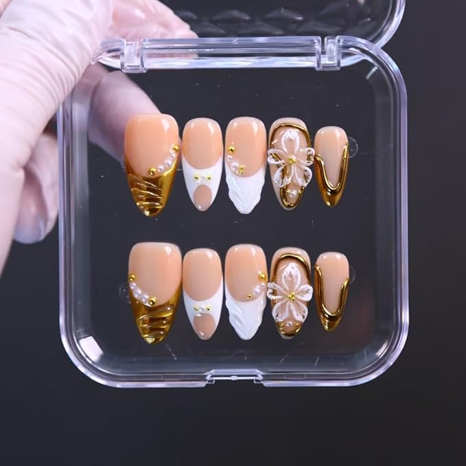 Press On Nails - Handmade French Almond Fake Nails, French Nails Design, Reusable Artificial Almond False Nails for Women 10 Pcs 3D Acrylic Nails Kit (Size L)