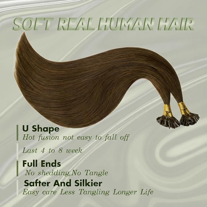 RUNATURE U Tip Human Hair Extensions Brown Straight Pre Bonded Hair Extensions Soft Keratin Real Hair 18 Inch 50g 50s