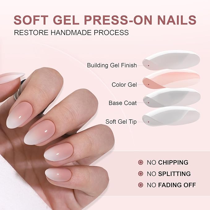 Pink Gradient Soft Gel Press on Nails Short Almond Shaped Fake Nails with Glue Glossy False Nails Designs Acrylic Nails Full Cover Thickened Stick on Nails for Women DIY Manicure