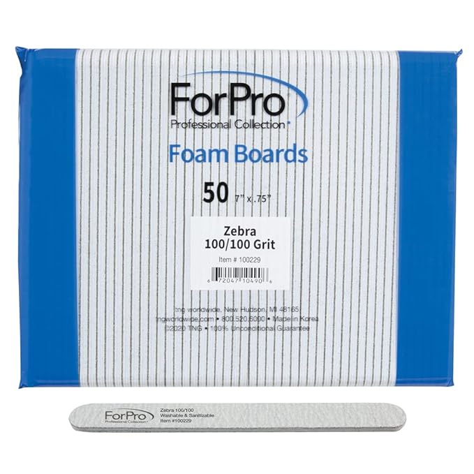 ForPro Professional Collection Zebra Foam Board, 100/100 Grit, Double-Sided Manicure Nail File, 7” L x .75” W 50-Count