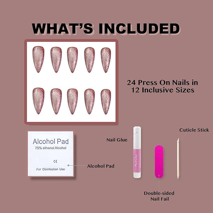 Press-On Nails, Syrup - 24 Pcs Reusable Acrylic False Nails in Stiletto Shape, Medium Long Almond with Cat Eye Design, Full Well Tips, Pink Shimmery Finish, for Women and Girls