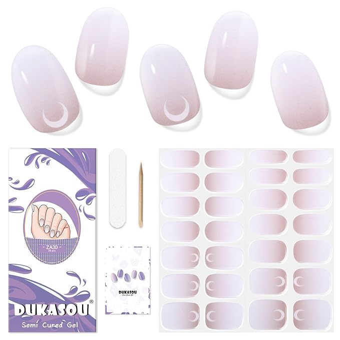 Semi Cured Gel Nail Strips, 28 pcs Gel Nail Stickers Work with Any UV Lights, Long-Lasting Nail Wraps, Stick on Nails for women Easy to Apply & Remove