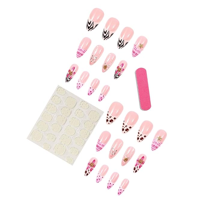 Long Almond Press on Nails Light Pink Fake Nails Floral Gold False Nail Stick on Nail for Women 24pcs