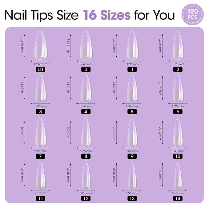 Gellen Long Almond Tipex Nail Tips, 320pcs Instant Apex Nail Tips, 16 Sizes Pre-builder Gel Tips Long Stiletto Almond Strong Full Cover False Nail Tips Gel Extension Tips for Flat Nails