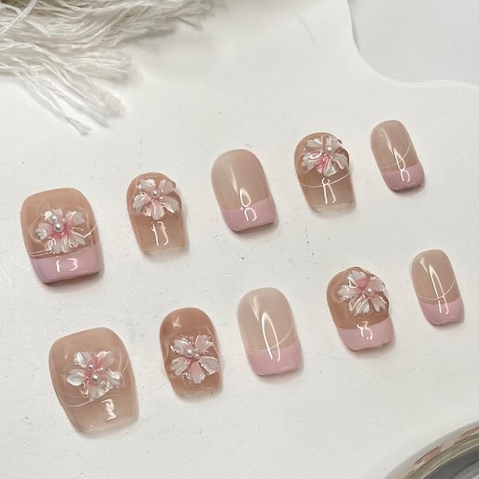 Handmade Press on Nails Pink Flower Press on Nails Short Square Fake Nails with 3D Flower Rhinestones Designs French False Nails Full Cover Acrylic for Women DIY (Size S)