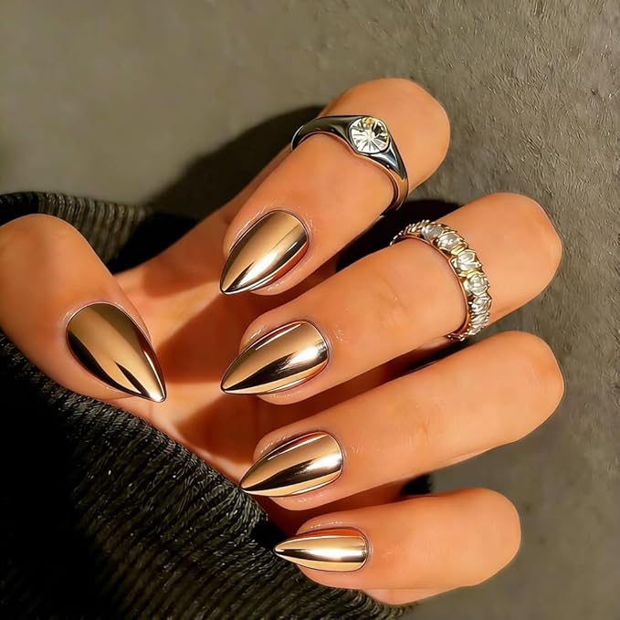Chrome Press on Nails Short Almond, Metallic Bronze Fake Nails with a Sparkle Mirror Finish, Glitter Brown Glue on Nails for Women Birthday Party, Thick Quality Soft Gel Nail Press ons 30 Pcs