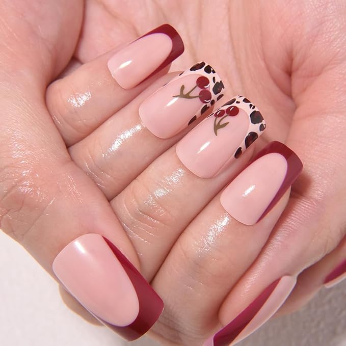 evpct Spring & Summer Press on Nails Medium Square, Cherry Fake Nails Press ons with 3D Pattern Design, Light Weight Perfectly Fit Fake Nails for Women Gift, Fake Nail Kit with Kits Gel, 24Pcs
