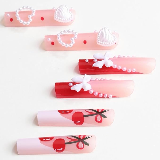 MISUD Press on Nails - Extra Long Square Glue on Nails with Red French Tip, Acrylic Cherry Bow Design 24 pcs