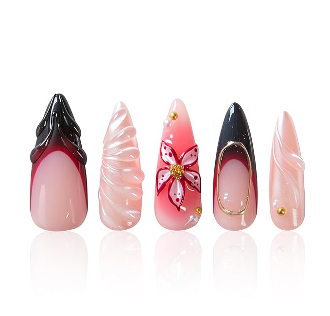 LOVFUL Short French Tip Press on Nails Crimson Veil | Handmade Acrylic Press ons| Reusable Fake False Nails | Stiletto Classic Regular 1.3in | H707-S