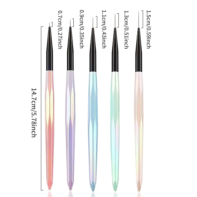 5Pcs Iridescent Handle Nail Liner Brush Set - Professional Ultra-Fine Striping Brushes for Intricate Nail Art, Multi-Color Gel Polish Liner Brushes for Salon & DIY Manicure Detailing