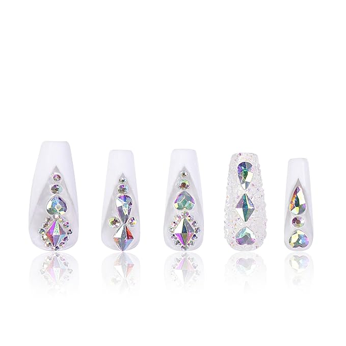 LOVFUL Press on Nails Aurora Light | Handmade with Full Covered Crystals | Reusable Fake Nails | Coffin Classic Regular 1.3 in | H36-L
