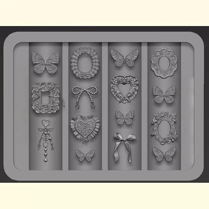 Sweet Frame Nail Mold Silicone 3D Butterfly Ribbon Heart Picture Frame Design Tray for Resin Gel DIY Manicure