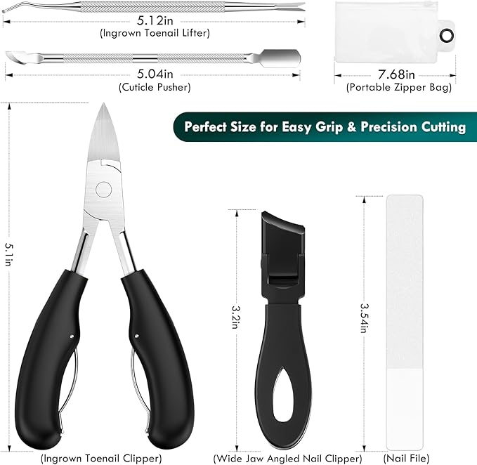 5-in-1 Professional Ingrown Toenail Tools Kit, Wide Jaw Slanted Nail Clippers & Heavy Duty Toenail Cutter Set for Seniors, Pedicure Manicure Tools for Thick or Ingrown Nails