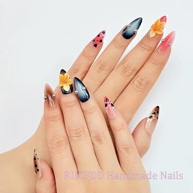 Medium Almond Press on Nails Luxury Handmade Nails with Glue,Tropical Flower Art False Nails with Leopard Print Design Handmade Nail Press ons Muti-Layer Gel Fall False Nails for Women (Size S)