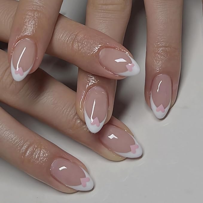 24Pcs White French Tip Press on Nails Short Almond Fake Nails Valentines Press ons Pink Heart Glue on Nails Nude Pink Acrylic Nails French Tip False Nails Valentines Stick on Nail for Wedding Manicure