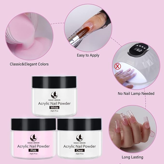 Acrylic Nail Kit 75ml Acrylic Liquid Monomer with 4 Colors Acrylic Powder and 5 Nail Brushes, Nail Extension Builder Set for Carving, French Tips, DIY Salon Manicure for Beginners