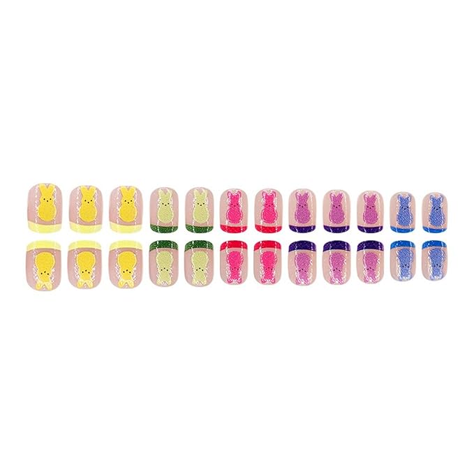 24 Pcs Colorful French Tip Easter Press on Nails Short Square Fake Nails with Easter Cute Rabbit Designs Glitter Full Cover Spring Easter Bunny False Nails Party Nail Decorations for Women Girls Kids
