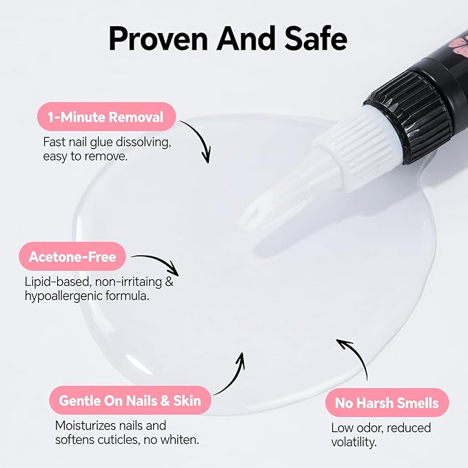 2pcs Nail Glue Remover: Tool-Free Press on Nail Glue Remover Pen, Easy Removal Design, Non Acetone Gentle Formula Quick Nail Polish Remover for Nails Tips