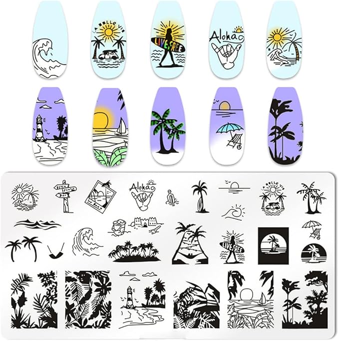 6pcs Seaside Scenery Nail Stamping Plate Nail Stamping Kit for Nails Summer Beach Coconut Trees Sunset Waves Sea Animals Image Plates Nail Stamper Kit