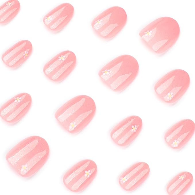 Pink Glitter Press On Nails Almond Squoval, White Flower Pattern Designer Reusable Acrylic Nails Press Ons, Fake Nails With Glue On, Daily Wear Floral False Nails For Women