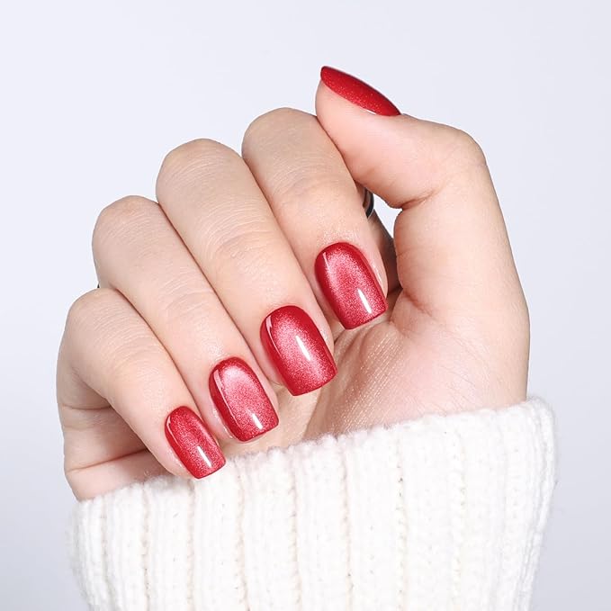 Red Cat Eye Press On Nails - Short Square Press on Nails Crimson Nails Press Ons for Women Glossy Fake Nails Kit with Glue, DIY Glue on Nails Short in 15 Sizes - 30pcs, Velvet Red