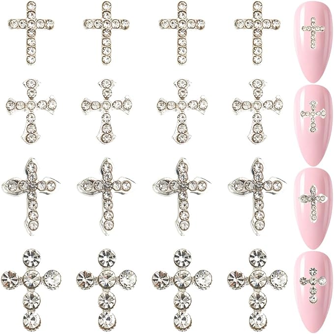 CRASPIRE 80Pcs Cross Nail Charms 3D Y2K 4 Styles Luxury Nail Gems Set Metal Alloy Rhinestone Flat Gothic Vintage Punk Studs Decor for Women Nail Art Crafts DIY Jewelry Christmas Decorations Cellphone