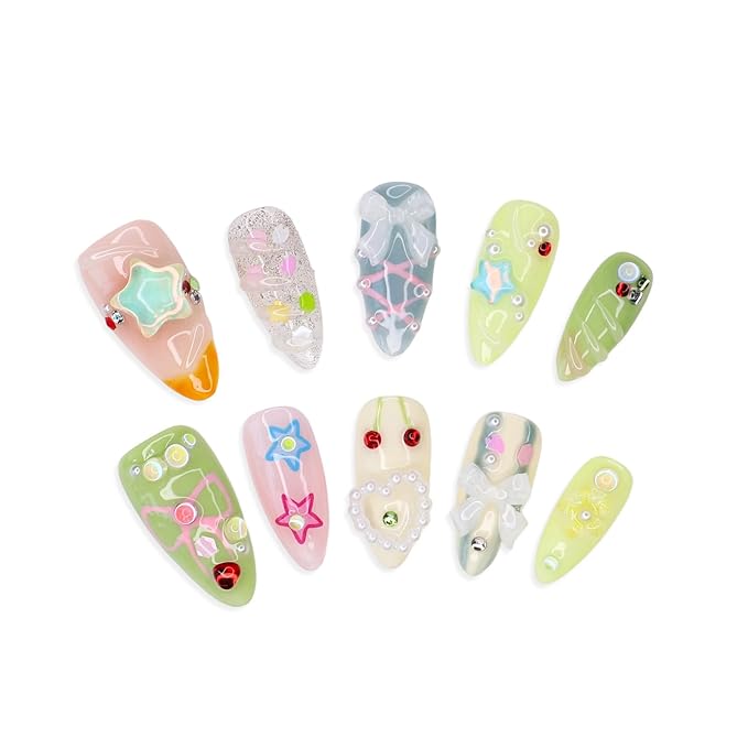 Short Press on Nails Almond Handmade False Nails 3D Stars Bow Pearl Designs Summer Flower Cherry Thick Acrylic Nails Full Cover Fake Nail Set Cute Glue on Nails for Women (Size S)