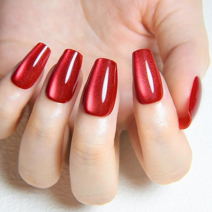 evpct Red Cat Eye Press on Nails Square Medium Coffin, Medium Square Stick on Nails for Women Gift, Red Metallic Glitter Glossy Reusable Spring Summer Soft Gel Press on Acrylic Fake Nail with Designs