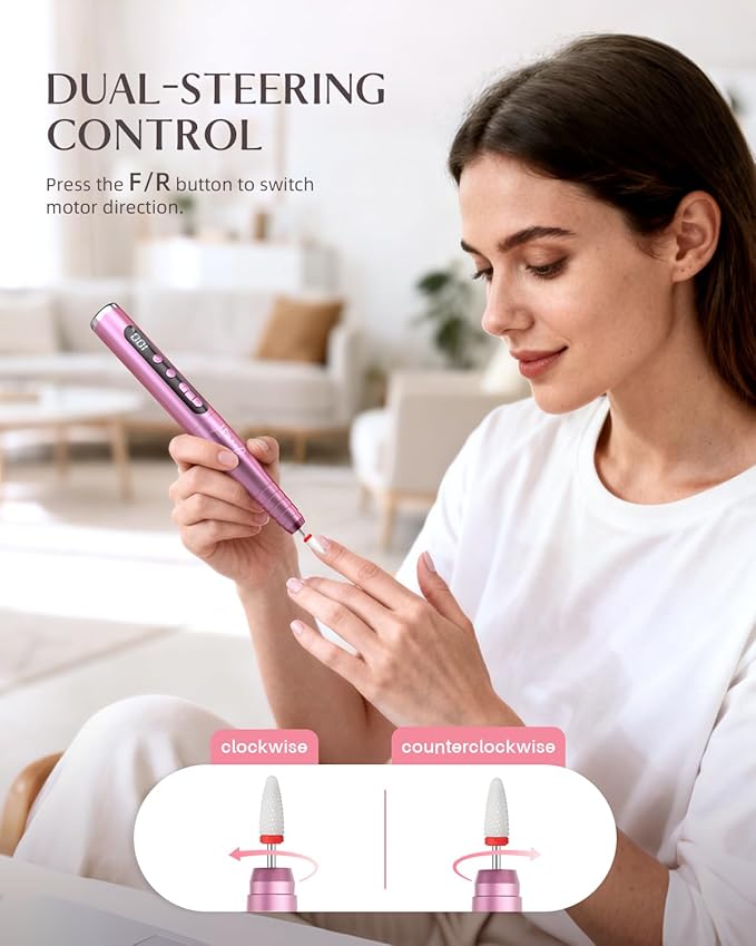 JOREST 13-in-1 Cordless Electric Nail Drill Kit with LED Display, 35,000 RPM 6-Speed Rechargeable Manicure Tool for Acrylic Gel Nails, Nail File with Bits & Sanding Bands for Beginners, Rose Pink