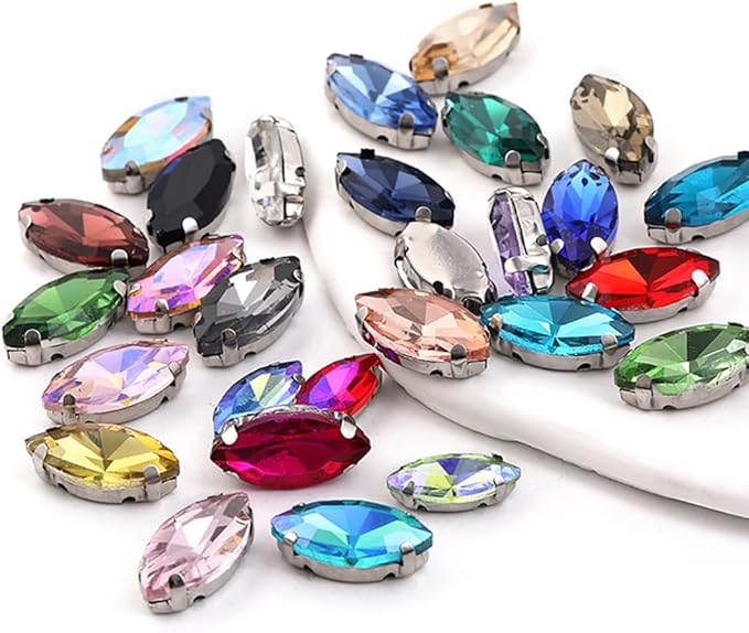 200PCS 5 x 10mm Sew On Rhinestones Horse Eye Faceted Rhinestone Mental Flatback with Sliver Claw Bead Charm for DIY Crafts Clothing Dress Decorations, Violet
