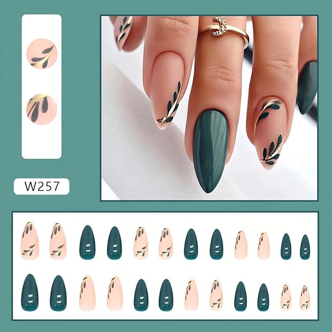 Green Short Almond Press on Nails Water Drop Type False Nails with Green Leaf Matte Designs Full Cover Glue on Nails Reusable Artificial Stick on Nails for Women 24 Pcs