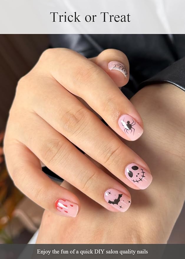Semi Cured Gel Nail Strips (Trick or Treat), Halloween, Bat Skull Pumpkin, 20 Pcs Pink Gel Nail Wraps, Stickers, Salon Quality, Works With Any UV Lamps