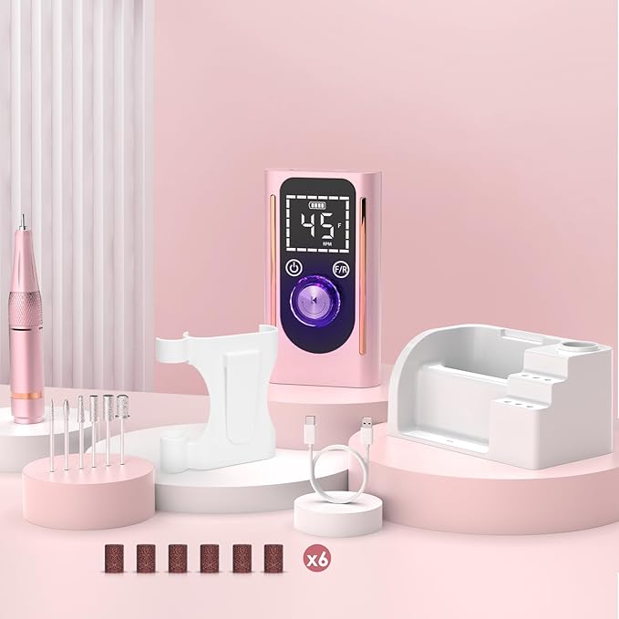 Electric Nail Drill 45000 RPM, Professional Rechargeable Nail File Kit, Portable Nail Drill Machine, Acrylic Nail Kit, Touch Screen Control, for Any Manicure, Pedicure, Pink