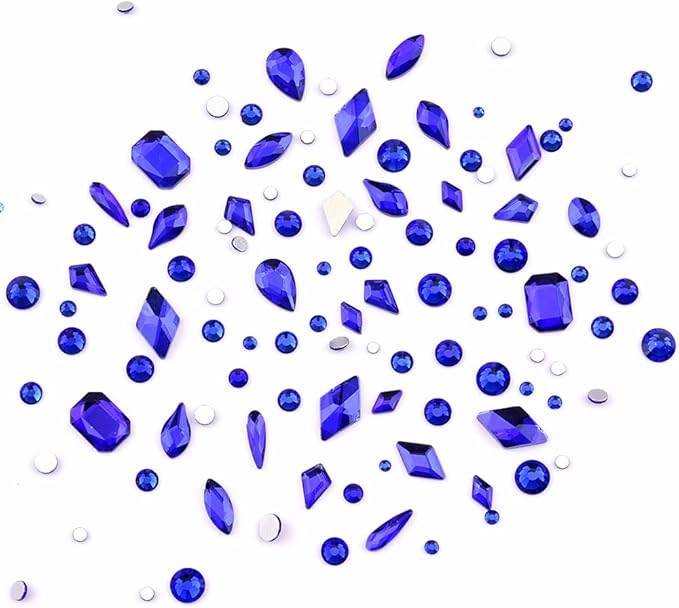 820pcs Flatback Crystals Glass Variety Shapes Blue Nail Rhinestones Round Beads Size Assorted 3D Nail Decoration Jewels for Nails Art Supply
