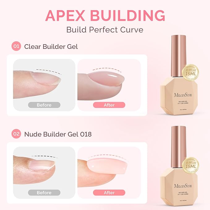 MelodySusie 2PCS 15ML Clear Nude Builder Nail Base Gel for Nails Thickening,Soak Off UV Extension Gel,Rhinestone Nail Glue in a Bottle for Nail Art Design Gift for Women
