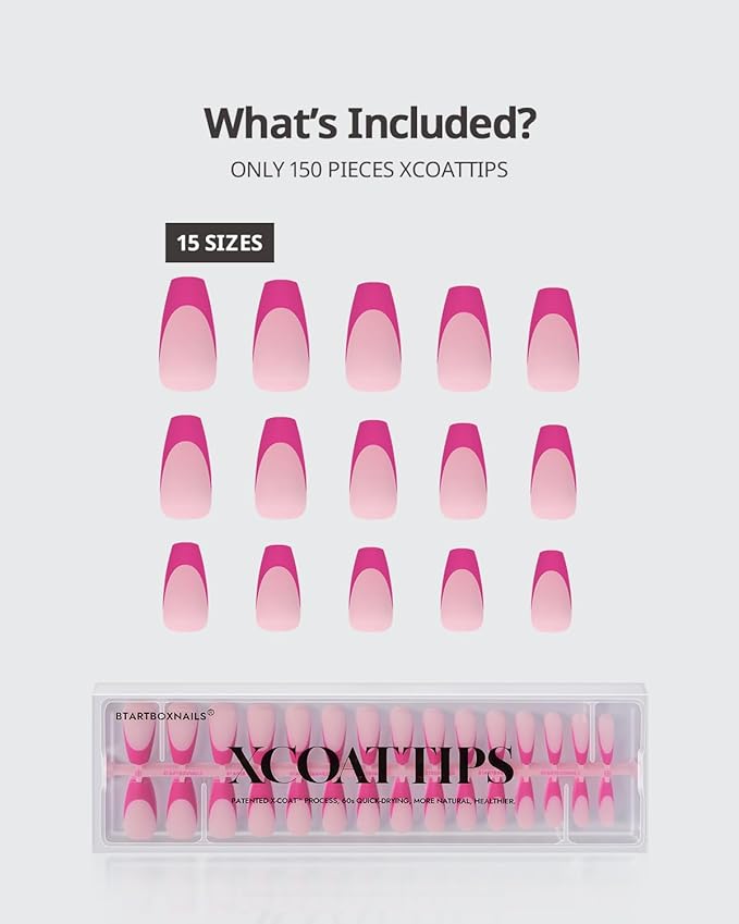 BTArtboxnails XCOATTIPS Pink French Tip Press On Nails - Coffin Press On Nails Medium, Soft Gel Nail Tips, Soak Off Pink Acrylic Fake Nail Extension in 15 Sizes