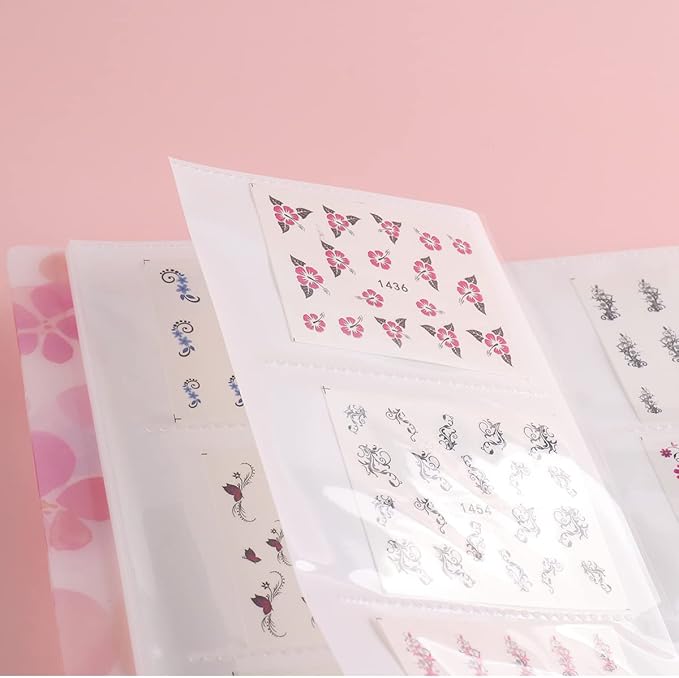 120 Slots Nail Stickers Storage Book Empty Nail Stickers Album Holder Photo Collection Book Water Decals Display Showing Shelf Binder Stencils Collecting Card Case Manicure Tools (Pink Flowers)