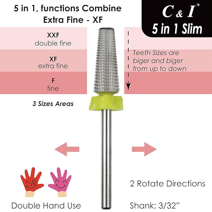 C & I 5 in 1 Nail Drill Bit, Slim Edition, Professional Manicure Drills for Electric Nail Drill Machine (Extra Fine -XF)
