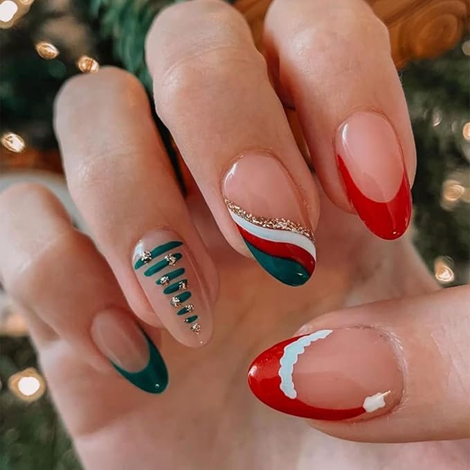 Press On Nails Almond Christmas, French Tip Press on Nails Short, Glue On Nails for Women Gift, Supremely Fit Natural Reusable Stick On Nails in 12 Sizes -24 Fake Nails Kit, Wave Christmas Tree