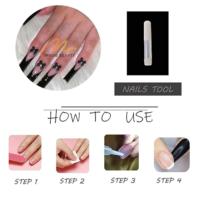 MISUD Press on Nails - Extra Long Square Fake Nails with Black French Tip, Acrylic Bow Design 24 pcs