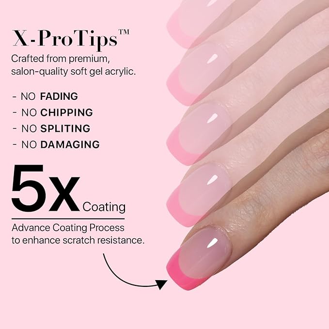 SXC Cosmetics French Tip Press On Nails – 5 Pink Series, Extra Short Square, X-Pro Tips Starter Kit | 150PCS, 15 Sizes, 5 Styles, Beginner-Friendly