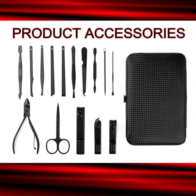 Manicure Set, Professional Nail Clippers Kit, Pedicure Care Tools,Manicure Set for Men and Women-Premium Stainless Steel with Black Leather Travel Case Set 15PC Great Gift(Black)