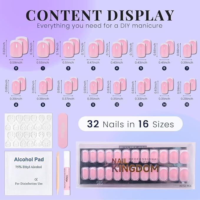 Pink White French Tips Press on Nails, Short Square Acrylic Fake Nails Design, Natural Reusable Glue-On Nails Kit for Women DIY False Nail Art Decoration Gift, Salon Quality Reusable 32 Psc