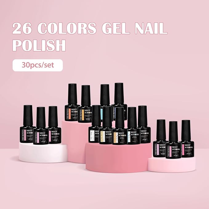 MEET ACROSS 30Pcs Nude Gel Polish Set Pink Sky Blue Gel Nail Polish Dreamy Town Series Macaroon Nail Manicure Kit Gift for Women 26 Colors