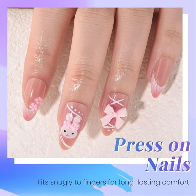 Pink Cute Bunny Teens Press On Nails Medium Almond Fake Nails for Girls With 3D Flower Bow Tie. French Tip Acrylic False Nails. Salon Quality Reusable Nails for Women Gift. 15Size - 30Pcs