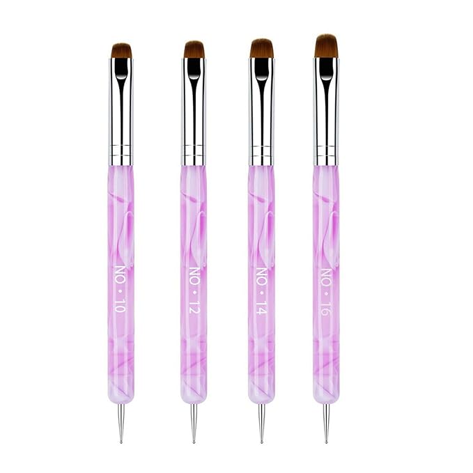 4Pcs Professional Nail Art Brushes Set,French Tip Brush & Nail Polish Clean Up Brush,10#/12#/14#/16# Sizes with Dotting Tool for Manicure Cuticle Detail Designs