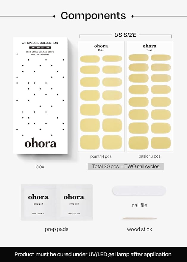 ohora Semi Cured Gel Nail Strips (N Butter Chrome) - Yellow, Chrome, Works with Any UV/LED Lamps, Salon-Quality, Long Lasting, Easy to Apply & Remove - Includes 2 Prep Pads, Nail File & Wooden Stick