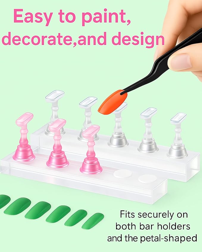 Nail Stand for Press On Nails – 2 Set Acrylic Nail Holders for Nail Art Practice, 10 Nail Stands, 60Pcs Reusable Putty, Flower Shaped Base & Tweezers, Nail Art Tool Kit for Salon & Home